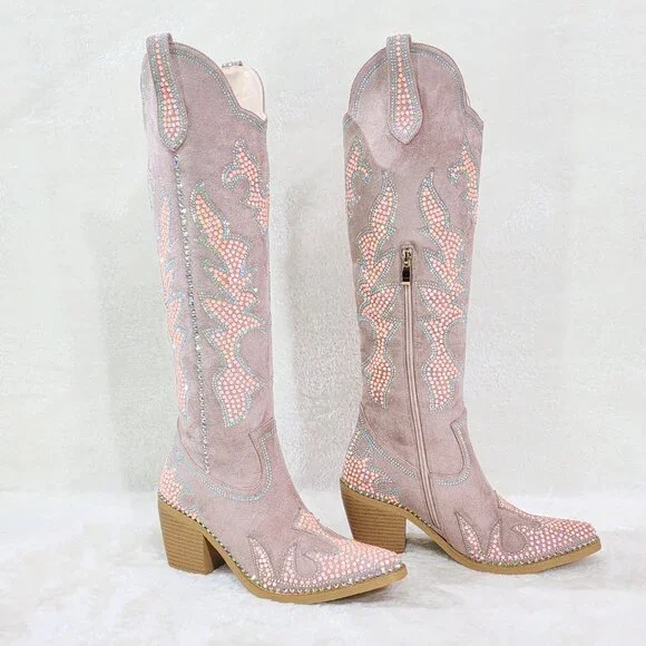 Sparks Country Western Cowgirl Knee Boots Dazzleing Iridescent Rhinestones Pink